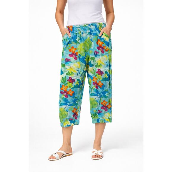 Jams World Pants - Jams World Violet Print Capri Floral Pants Floral Hawaiian Tropical Womens XL